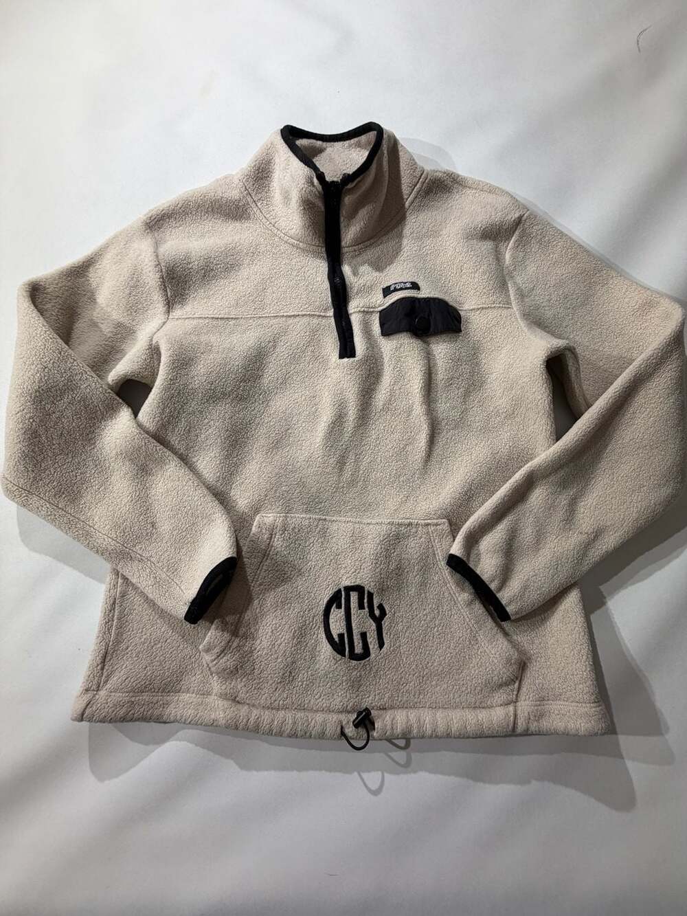 PINK VS S Beige Fleece Quarter Zip Pullover Monogram CCY Pocket Outdoor